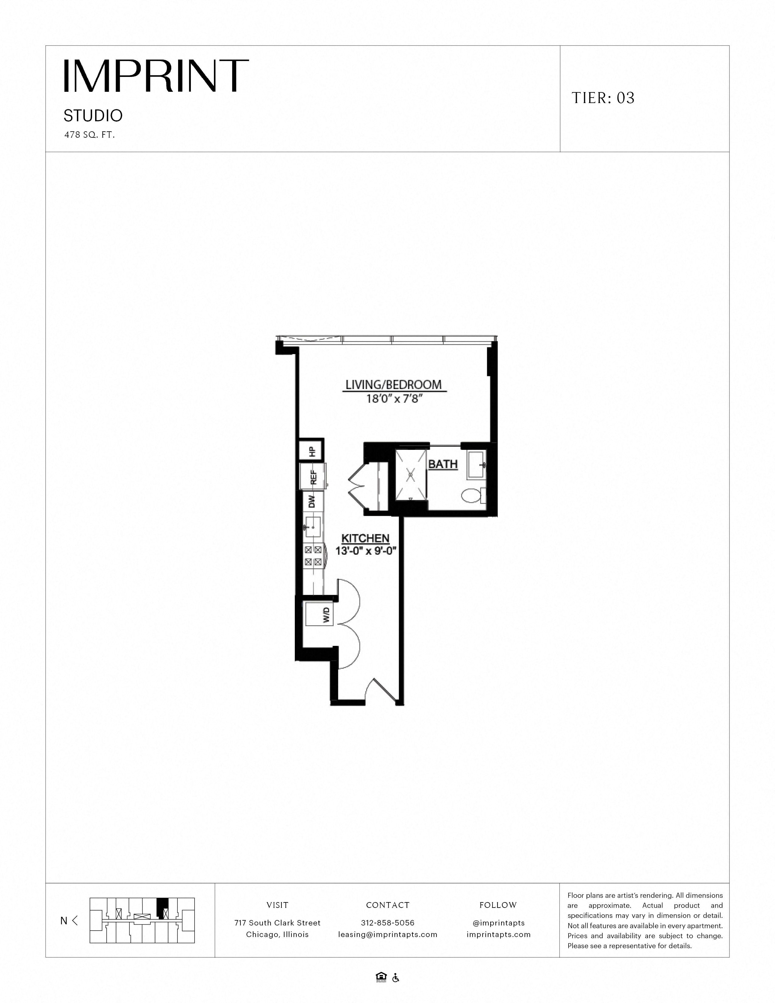 Floor plan for studio, 1 bath, 478 sqft